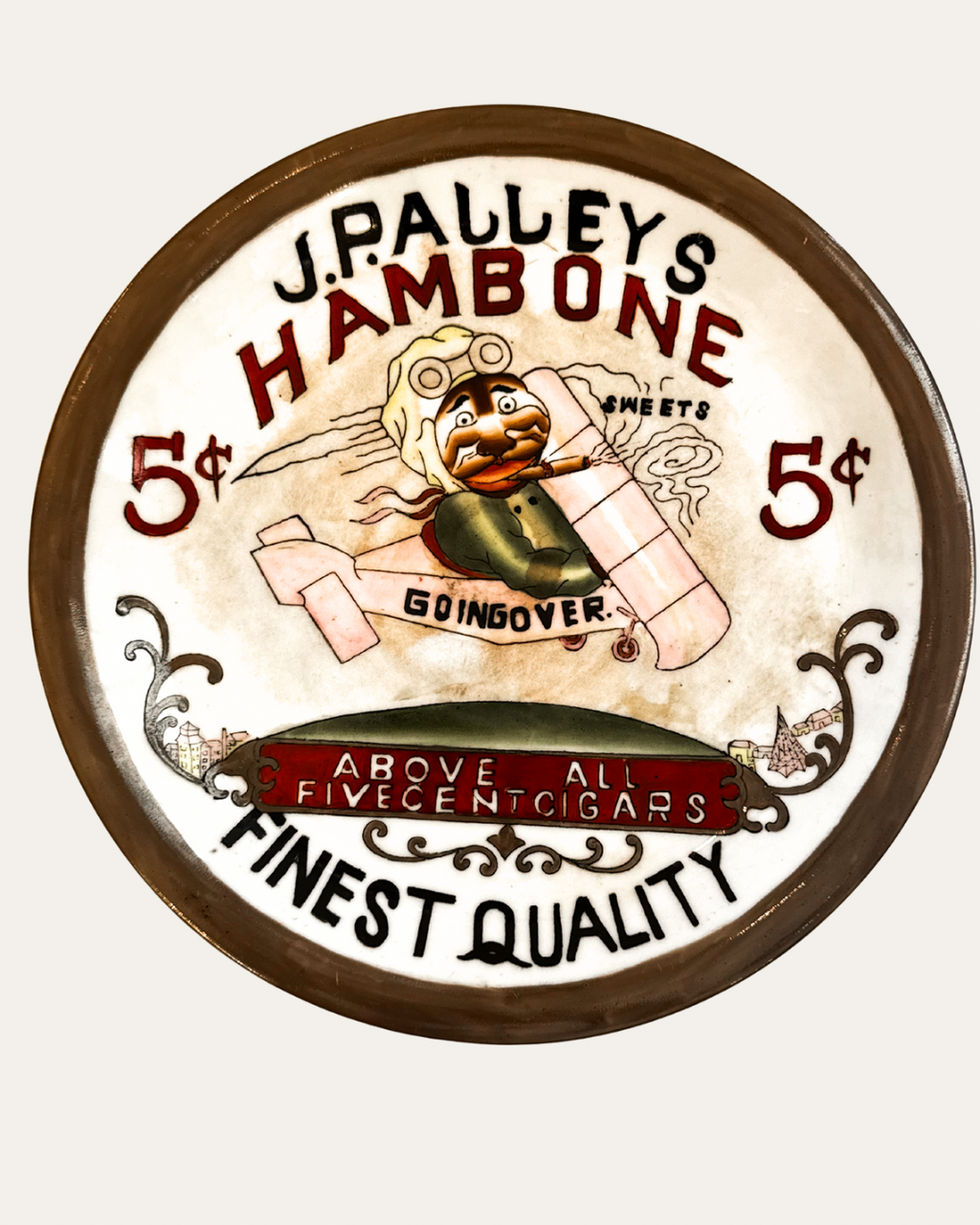 Buffalo Pottery “J.P. Alley’s Hambone” Advertising Plate, c. 1911 | Antique Cigar Sign - Cultural Artifact